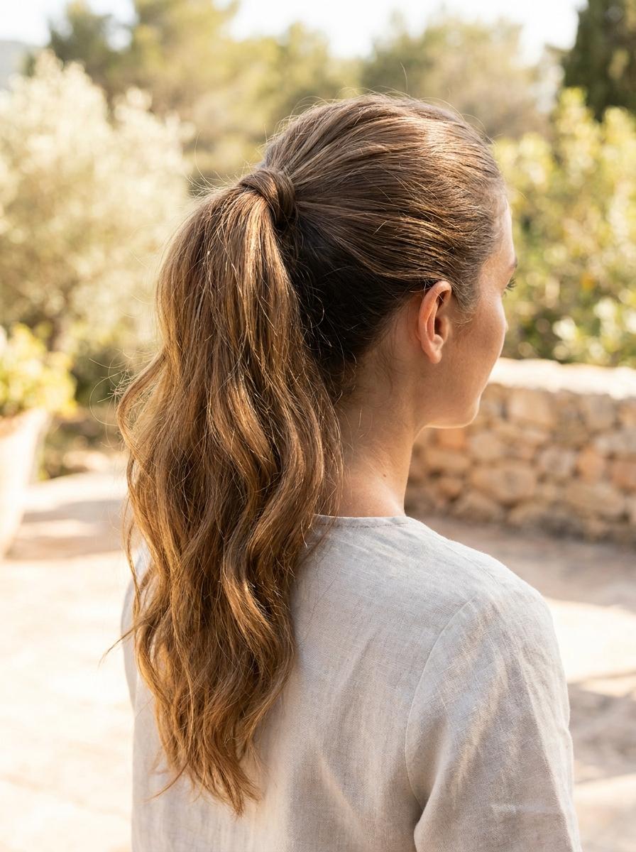 Hoher Pferdeschwanz mit weichen Wellen - Sommerfrisur für lange Haare